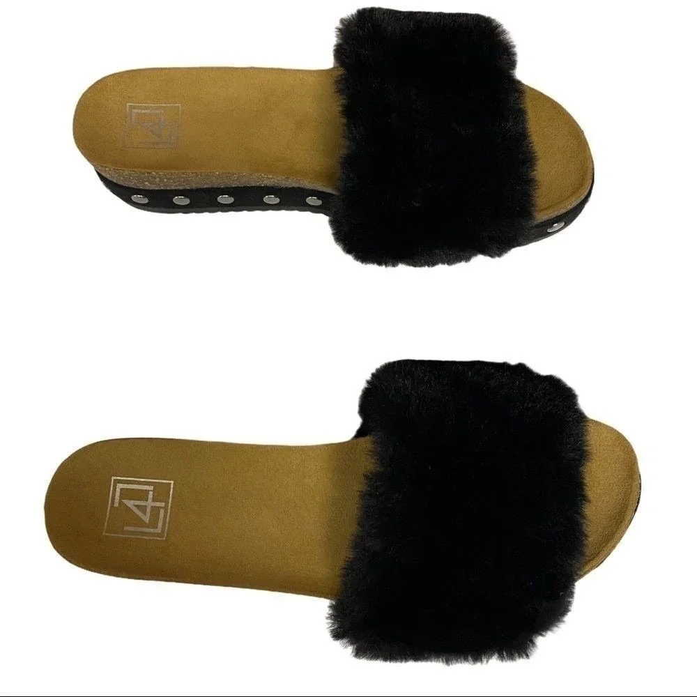 L4l By Lust For Life Sandals 10M Black Faux Fur Studded Wedge Platform Mule Chic